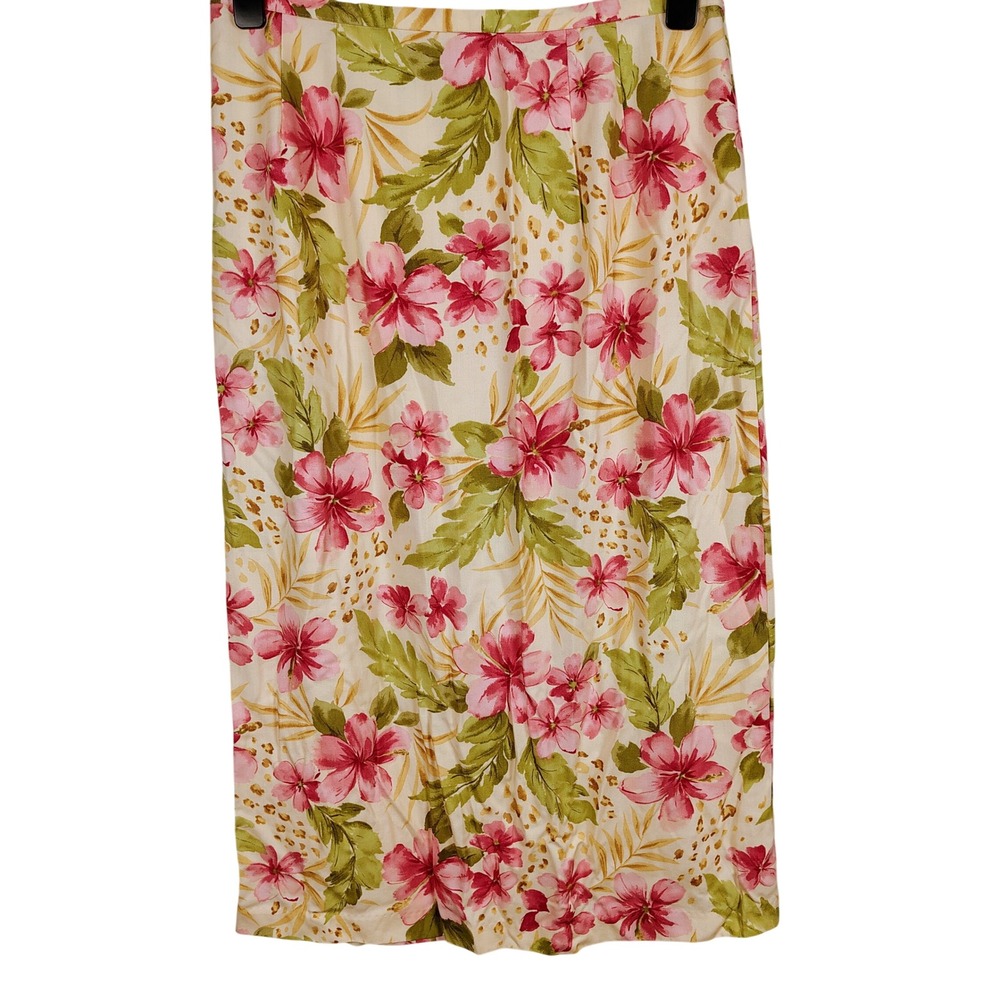 Alfred Dunner Womens SZ 16 Tropical Hibiscus Rayon Midi Skirt Pink Green Floral
